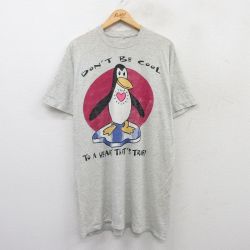 XL★古着 半袖 ビンテージ Tシャツ メンズ 90年代 90s ペンギン ロング丈 クルーネック 薄グレー 霜降り 25may19 中古