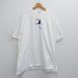 XL★古着 ヘインズ Hanes 半袖 ビンテージ Tシャツ メンズ 00年代 00s ペンギン 刺繍 大きいサイズ ロング丈 コットン クルーネック 白 ホワイト 25may19 中古