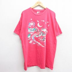 【50%OFF】XL★古着 半袖 ビンテージ Tシャツ メンズ 90年代 90s 木 川 月 大きいサイズ ロング丈 クルーネック USA製 濃ピンク 25may23 中古