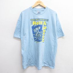XL★古着 ヘインズ Hanes 半袖 ビンテージ Tシャツ メンズ 90年代 90s 自転車 企業広告 大きいサイズ コットン クルーネック USA製 薄紺 ネイビー 25may23 中古