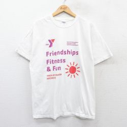 【50%OFF】L★古着 半袖 ビンテージ Tシャツ メンズ 00年代 00s フィットネス 太陽 コットン クルーネック 白 ホワイト 25may24 中古