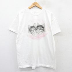 XL★古着 半袖 ビンテージ Tシャツ メンズ 90年代 90s ネコ コットン クルーネック USA製 白 ホワイト 【spe】 25may24 中古