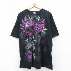 XL★古着 半袖 ビンテージ Tシャツ メンズ 00年代 00s スカル 星 大きいサイズ コットン クルーネック 黒 ブラック 25jun02 中古
