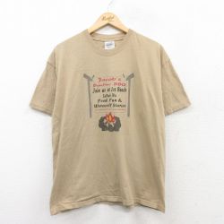 L★古着 半袖 ビンテージ Tシャツ メンズ 00年代 00s 焚き火 コットン クルーネック ベージュ カーキ 25jun02 中古