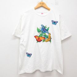 XL★古着 ヘインズ Hanes 半袖 ビンテージ Tシャツ メンズ 90年代 90s 蝶々 コットン クルーネック USA製 白 ホワイト 25jun03 中古