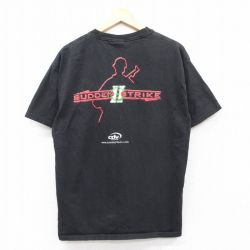 L★古着 チャンピオン champion 半袖 ビンテージ Tシャツ メンズ 00年代 00s サドンストライプ コットン クルーネック 黒 ブラック 25jun04 中古