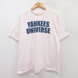 XL★古着 半袖 ビンテージ Tシャツ メンズ 00年代 00s MLB ニューヨークヤンキース クルーネック 薄ピンク メジャーリーグ ベースボール 野球 25jun04 中古