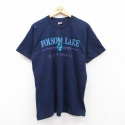 L★古着 フルーツオブザルーム 半袖 ビンテージ Tシャツ メンズ 90年代 90s フォルサム湖 カリフォルニア コットン クルーネック USA製 紺 ネイビー 25jun13 中古