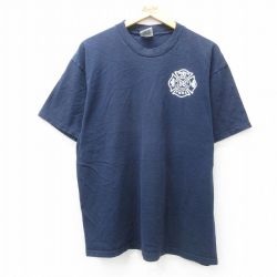 XL★古着 リー Lee 半袖 ビンテージ Tシャツ メンズ 90年代 90s 消防署 コットン クルーネック USA製 紺 ネイビー 25jul07 中古