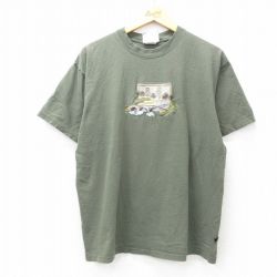 XL★古着 半袖 ビンテージ Tシャツ メンズ 00年代 00s 橋 刺繍 コットン クルーネック 濃緑 グリーン 25jul07 中古