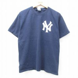 L★古着 半袖 ビンテージ Tシャツ メンズ 00年代 00s MLB ニューヨークヤンキース コットン クルーネック 紺 ネイビー メジャーリーグ ベースボール 野球 25jul07 中古