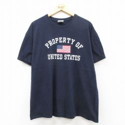 XL★古着 ヘインズ Hanes 半袖 ビンテージ Tシャツ メンズ 00年代 00s 星条旗 ユナイテッドステイツ 大きいサイズ コットン クルーネック 紺 ネイビー 25jul08 中古