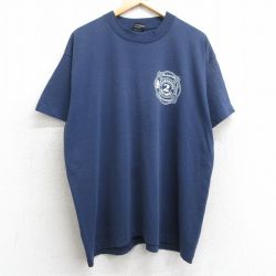 XL★古着 フルーツオブザルーム 半袖 ビンテージ Tシャツ メンズ 90年代 90s 消防署 ニュージャージー 大きいサイズ クルーネック USA製 紺 ネイビー 25jul08 中古