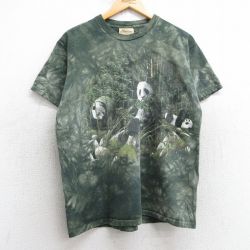 L★古着 半袖 ビンテージ Tシャツ メンズ 00年代 00s パンダ コットン クルーネック 濃緑 グリーン タイダイ 25jul09 中古