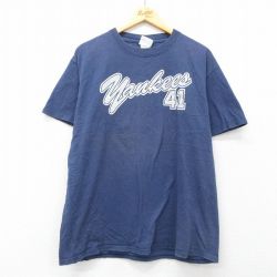 XL★古着 半袖 ビンテージ Tシャツ メンズ 00年代 00s MLB ニューヨークヤンキース ニックジョンソン 41 コットン クルーネック 紺 ネイビー メジャーリーグ ベースボール 野球 25jul09 中古