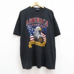 XL★古着 半袖 ビンテージ Tシャツ メンズ 90年代 90s ワシ 星条旗 大きいサイズ コットン クルーネック 黒 ブラック 25jul10 中古