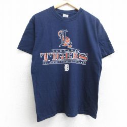 L★古着 半袖 ビンテージ Tシャツ メンズ 00年代 00s MLB デトロイトタイガース コットン クルーネック 紺 ネイビー メジャーリーグ ベースボール 野球 25jul11 中古