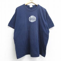 XL★古着 フィラ FILA 半袖 ビンテージ Tシャツ メンズ 90年代 90s ビッグロゴ 大きいサイズ コットン クルーネック USA製 紺 ネイビー 【spe】 25jul11 中古
