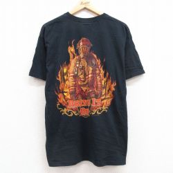【20%OFF】L★古着 半袖 ビンテージ Tシャツ メンズ 00年代 00s 消防士 コットン クルーネック 黒 ブラック 25jul11 中古