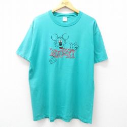 XL★古着 半袖 ビンテージ Tシャツ メンズ 80年代 80s ディズニー DISNEY ミッキー MICKEY MOUSE 刺繍 コットン クルーネック USA製 青緑 【spe】 25jul16 中古