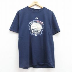 L★古着 マジェスティック 半袖 ビンテージ Tシャツ メンズ 00年代 00s MLB ニューヨークヤンキース コットン クルーネック 紺 ネイビー メジャーリーグ ベースボール 野球 25jul16 中古