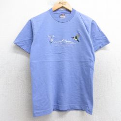 S★古着 半袖 ビンテージ Tシャツ メンズ 00年代 00s アラスカ 鳥 花 刺繍 コットン クルーネック 薄紫 パープル 25jul16 中古