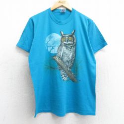 L★古着 ジャージーズ 半袖 ビンテージ Tシャツ メンズ 80年代 80s フクロウ クルーネック USA製 水色 【spe】 25jul16 中古
