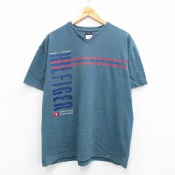 XL★古着 トミーヒルフィガー TOMMY HILFIGER トミージーンズ 半袖 ビンテージ ブランド Tシャツ メンズ 90年代 90s ビッグロゴ コットン Vネック USA製 紺系 ネイビー 【spe】 25jul17 中古