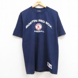 L★古着 マジェスティック 半袖 ビンテージ Tシャツ メンズ 90年代 90s MLB ボストンレッドソックス コットン クルーネック 紺 ネイビー メジャーリーグ ベースボール 野球 25jul24 中古
