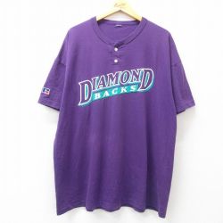 【50%OFF】XL★古着 ラッセル 半袖 ビンテージ Tシャツ メンズ 00年代 00s MLB アリゾナダイヤモンドバックス 大きいサイズ ヘンリーネック 紫 パープル メジャーリーグ ベースボール 野球 25jul24 中古