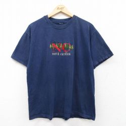【50%OFF】L★古着 半袖 ビンテージ Tシャツ メンズ 00年代 00s ノースカロライナ 刺繍 クルーネック 紺 ネイビー 25jul24 中古