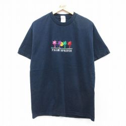 【50%OFF】L★古着 半袖 ビンテージ Tシャツ メンズ 00年代 00s ヤシの木 パームスプリングス 刺繍 コットン クルーネック 紺 ネイビー 25jul24 中古