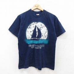 L★古着 フルーツオブザルーム 半袖 ビンテージ Tシャツ メンズ 90年代 90s ヨット ウィニペソーキー コットン クルーネック USA製 紺 ネイビー 25jul24 中古