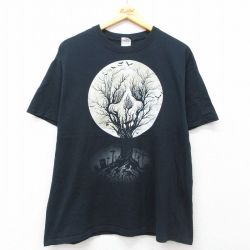 L★古着 半袖 ビンテージ Tシャツ メンズ 00年代 00s 墓 木 月 コットン クルーネック 黒 ブラック 25jul19 中古