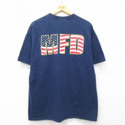 XL★古着 ヘインズ Hanes 半袖 ビンテージ Tシャツ メンズ 00年代 00s 消防署 インディアン MFD 大きいサイズ コットン クルーネック 紺 ネイビー 25jul19 中古