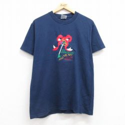 M★古着 ヘインズ Hanes 半袖 ビンテージ Tシャツ メンズ 00年代 00s リボン ハート カギ 刺繍 コットン クルーネック 紺 ネイビー 25jul22 中古