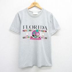 L★古着 半袖 ビンテージ Tシャツ メンズ 80年代 80s フロリダ ヤシの木 ヨット クルーネック 薄グレー他 ボーダー 25jul25 中古