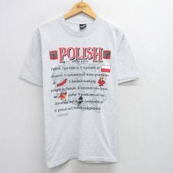 L★古着 HAGGAR 半袖 ビンテージ Tシャツ メンズ 90年代 90s POLISH メッセージ コットン クルーネック USA製 薄グレー 霜降り 【spe】 25jul25 中古