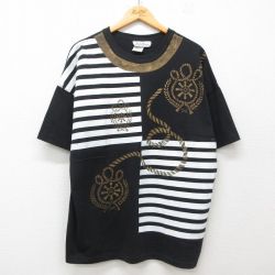 XL★古着 半袖 ビンテージ Tシャツ メンズ 90年代 90s 縄 大きいサイズ クルーネック USA製 黒他 ブラック 25jul25 中古