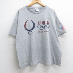 XL★古着 半袖 ビンテージ Tシャツ メンズ 00年代 00s USAロゴ 北京オリンピック 大きいサイズ クルーネック グレー 霜降り 25jul25 中古