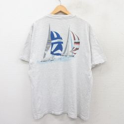 XL★古着 ヘインズ Hanes 半袖 ビンテージ Tシャツ メンズ 90年代 90s ヨット 胸ポケット付き 大きいサイズ クルーネック USA製 薄グレー 霜降り 25jul26 中古