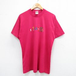L★古着 フルーツオブザルーム 半袖 ビンテージ Tシャツ メンズ 90年代 90s ネブラスカ 刺繍 クルーネック ピンク 25jul26 中古