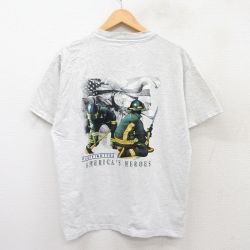 L★古着 半袖 ビンテージ Tシャツ メンズ 00年代 00s 消防士 クルーネック 薄グレー 霜降り 25jul28 中古