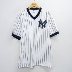 XL★古着 マジェスティック 半袖 ビンテージ Tシャツ メンズ 90年代 90s MLB ニューヨークヤンキース 大きいサイズ Vネック USA製 白他 ホワイト ストライプ メジャーリーグ ベースボール 野球 25jul28 中古
