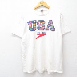 L★古着 スピード speedo 半袖 ビンテージ Tシャツ メンズ 90年代 90s USAロゴ 国旗 コットン クルーネック 白 ホワイト 25jul29 中古