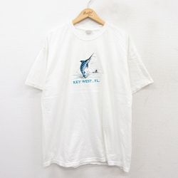 XL★古着 ヘインズ Hanes 半袖 ビンテージ Tシャツ メンズ 00年代 00s 魚 キーウエスト 刺繍 コットン クルーネック 白 ホワイト 25jul29 中古
