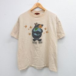 L★古着 半袖 ビンテージ Tシャツ メンズ 00年代 00s クマ コットン クルーネック ベージュ カーキ 25jul31 中古