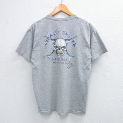 L★古着 半袖 ビンテージ Tシャツ メンズ 00年代 00s スカル 魚 胸ポケット付き クルーネック グレー 霜降り 25jul31 中古