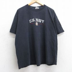 XL★古着 半袖 ビンテージ Tシャツ メンズ 00年代 00s USネイビー NAVY 刺繍 大きいサイズ コットン クルーネック 黒 ブラック 25aug01 中古