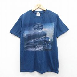 L★古着 半袖 ビンテージ Tシャツ メンズ 00年代 00s 機関車 コットン クルーネック 紺 ネイビー 25aug01 中古